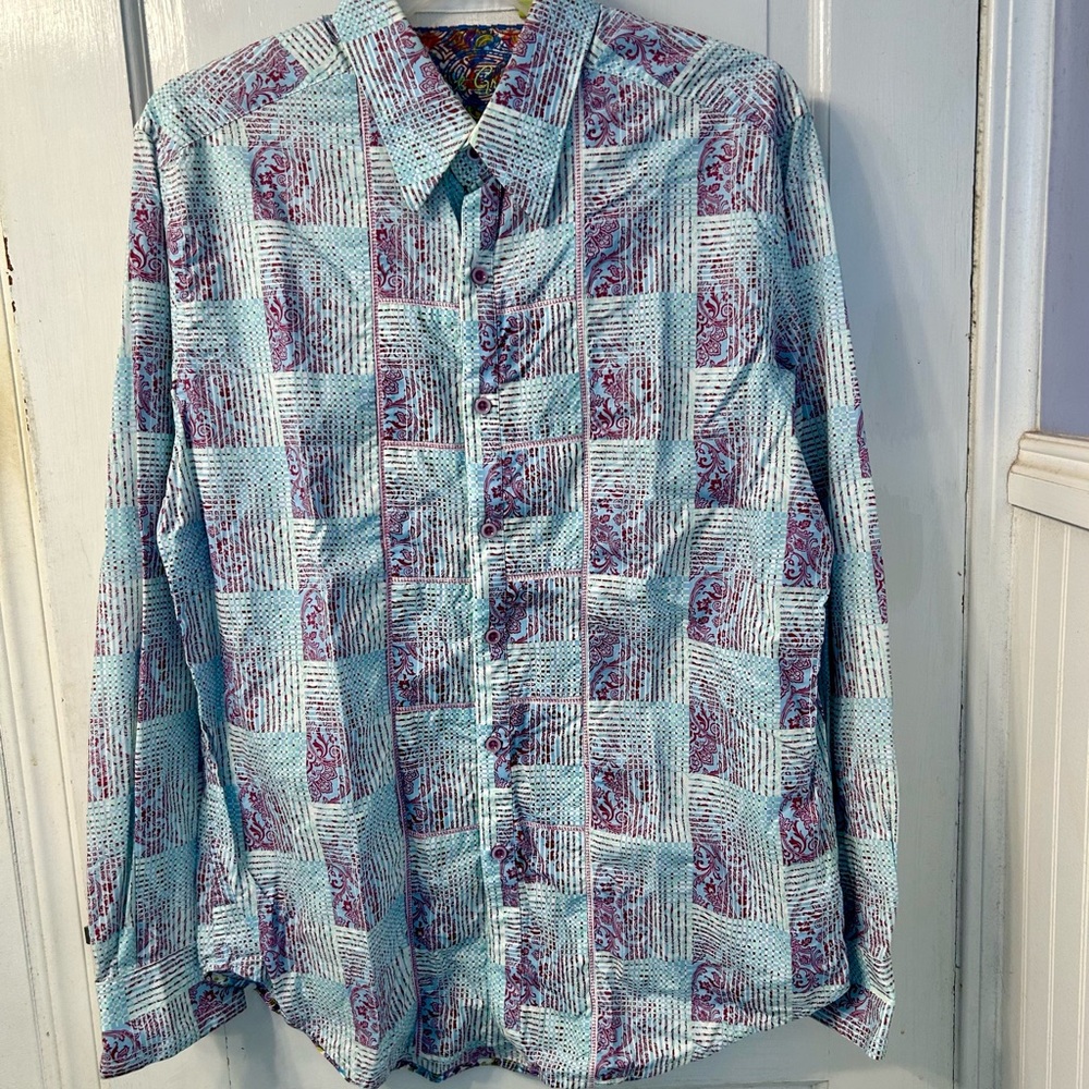 Robert Graham cotton shirt men's L teal purple paisley patchwork